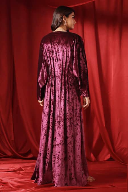 Shop B'Infinite Maroon Velvet Embroidery V-neck Rasin Draped Dress at Aza Fashions Shop_B'Infinite_Maroon Velvet Embroidery V-neck Rasin Draped Dress _at_Aza_Fashions