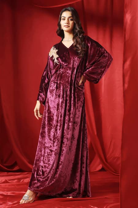 B'Infinite Maroon Velvet Embroidery V-neck Rasin Draped Dress Online at Aza Fashions B'Infinite_Maroon Velvet Embroidery V-neck Rasin Draped Dress _Online_at_Aza_Fashions