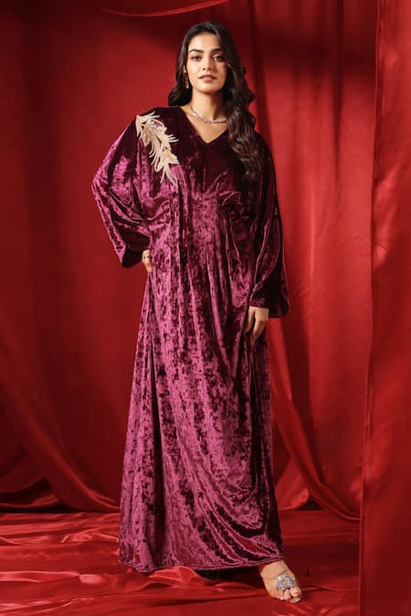 Buy B'Infinite Maroon Velvet Embroidery V-neck Rasin Draped Dress Online at Aza Fashions Buy_B'Infinite_Maroon Velvet Embroidery V-neck Rasin Draped Dress _Online_at_Aza_Fashions
