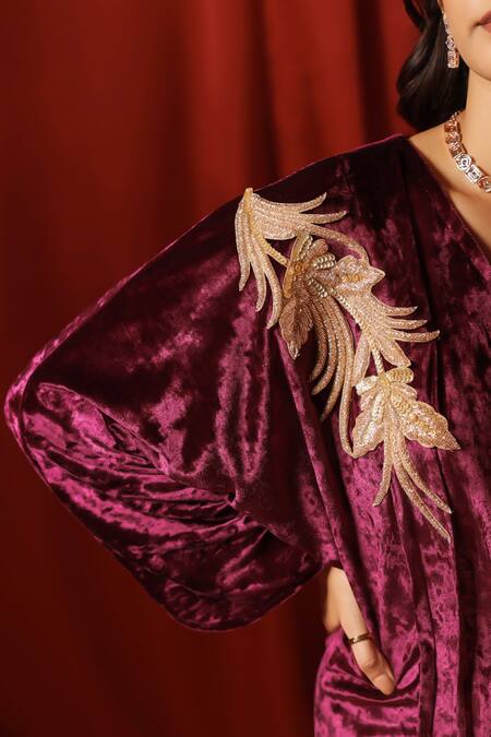 Buy B'Infinite Maroon Velvet Embroidery V-neck Rasin Draped Dress Buy_B'Infinite_Maroon Velvet Embroidery V-neck Rasin Draped Dress