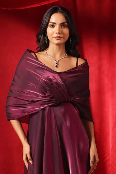 B'Infinite_Wine Organza V-neck Rasin Aura Draped Flared Dress _Online_at_Aza_Fashions