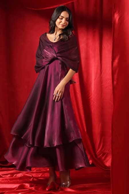 Buy_B'Infinite_Wine Organza V-neck Rasin Aura Draped Flared Dress _Online_at_Aza_Fashions