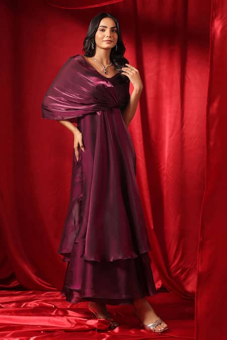Shop_B'Infinite_Wine Organza V-neck Rasin Aura Draped Flared Dress _Online_at_Aza_Fashions
