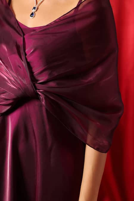 Buy_B'Infinite_Wine Organza V-neck Rasin Aura Draped Flared Dress 