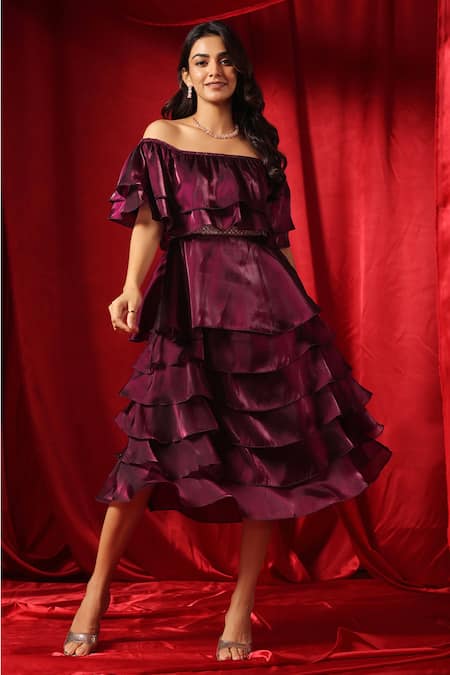 B'Infinite Wine Organza Off-shoulder Rasin Cascade Elegance Dress Online at Aza Fashions B'Infinite_Wine Organza Off-shoulder Rasin Cascade Elegance Dress _Online_at_Aza_Fashions