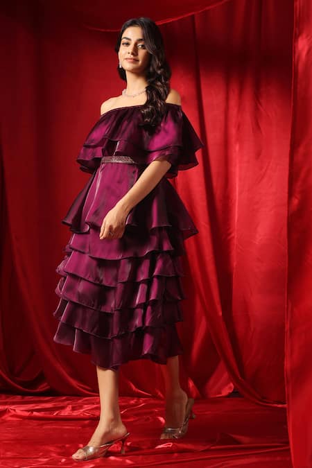 Buy B'Infinite Wine Organza Off-shoulder Rasin Cascade Elegance Dress Online at Aza Fashions Buy_B'Infinite_Wine Organza Off-shoulder Rasin Cascade Elegance Dress _Online_at_Aza_Fashions