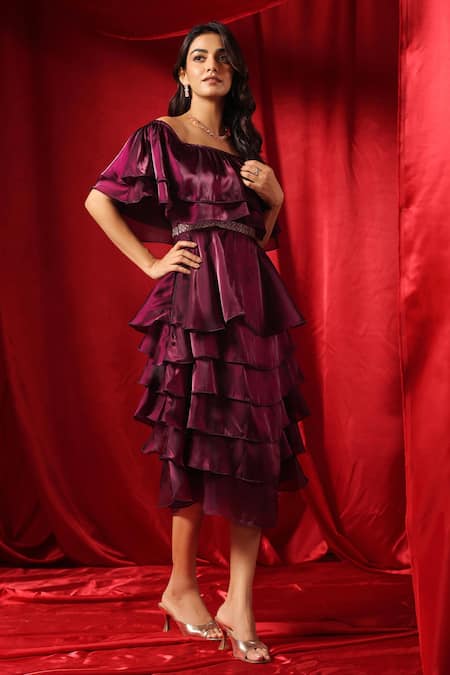 Shop B'Infinite Wine Organza Off-shoulder Rasin Cascade Elegance Dress Online at Aza Fashions Shop_B'Infinite_Wine Organza Off-shoulder Rasin Cascade Elegance Dress _Online_at_Aza_Fashions