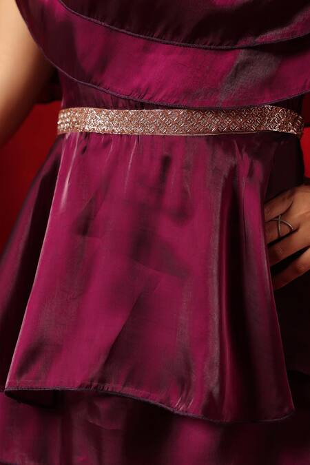 Buy B'Infinite Wine Organza Off-shoulder Rasin Cascade Elegance Dress Buy_B'Infinite_Wine Organza Off-shoulder Rasin Cascade Elegance Dress