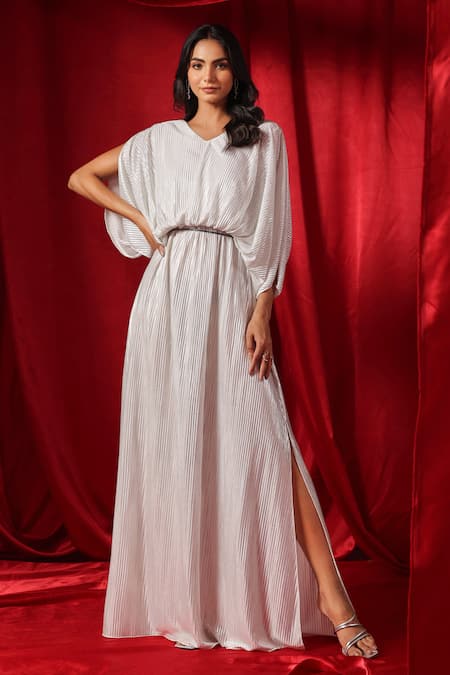 Buy White Pleated Lycra Crush V Neck Metallic Draped Dress For