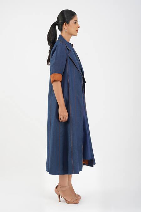 Diva By Sangeeta Ranka_Blue Irish Linen Solid Piping Lapel Collar Panelled Jacket _Online_at_Aza_Fashions