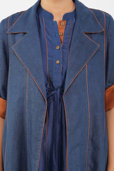 Buy_Diva By Sangeeta Ranka_Blue Irish Linen Solid Piping Lapel Collar Panelled Jacket _Online_at_Aza_Fashions