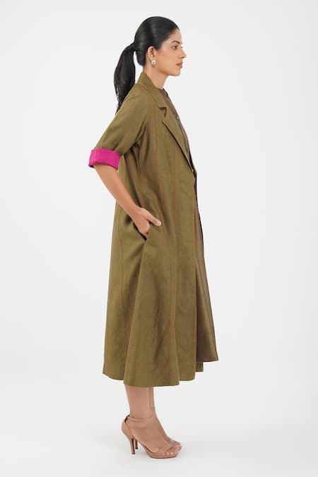 Diva By Sangeeta Ranka_Green Irish Linen Solid Piping Lapel Collar Panelled Jacket _Online_at_Aza_Fashions