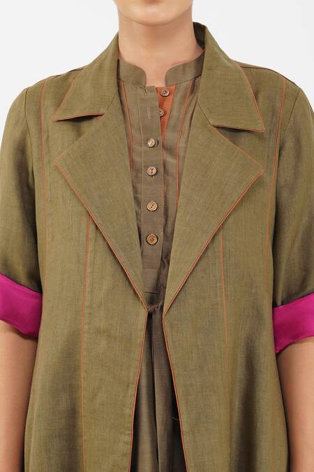 Buy_Diva By Sangeeta Ranka_Green Irish Linen Solid Piping Lapel Collar Panelled Jacket _Online_at_Aza_Fashions