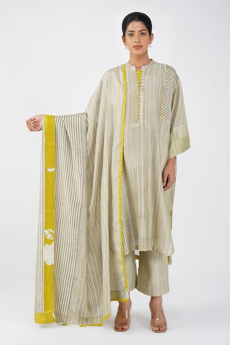 Diva by Sangeeta Ranka White Chanderi Block Print Stripes Round High-low Kurta Trouser Set 