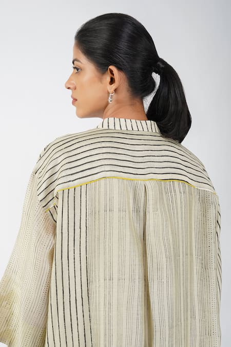 Diva By Sangeeta Ranka_White Chanderi, Silk Round Neck Stripe Block Print High-low Kurta Trouser Set _Online_at_Aza_Fashions