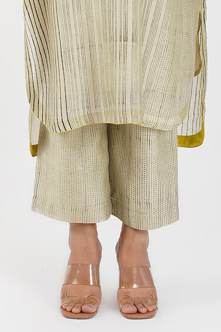 Shop_Diva By Sangeeta Ranka_White Chanderi, Silk Round Neck Stripe Block Print High-low Kurta Trouser Set _Online_at_Aza_Fashions