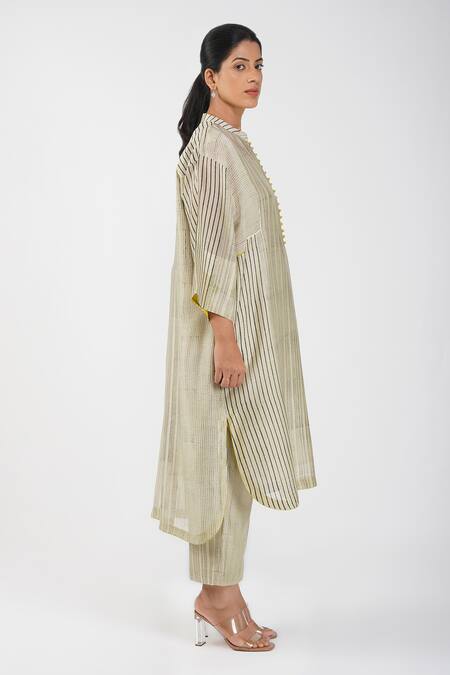 Buy_Diva By Sangeeta Ranka_White Chanderi, Silk Round Neck Stripe Block Print High-low Kurta Trouser Set 