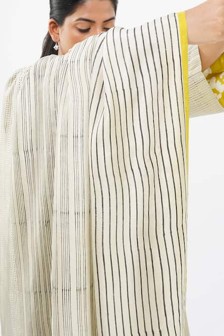 Shop_Diva By Sangeeta Ranka_White Chanderi, Silk Round Neck Stripe Block Print High-low Kurta Trouser Set 