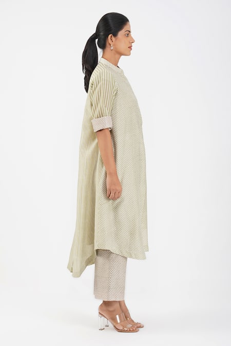 Shop_Diva By Sangeeta Ranka_Green Chanderi, Linen Floral Butti Printed High-low Kurta With Trouser _Online_at_Aza_Fashions