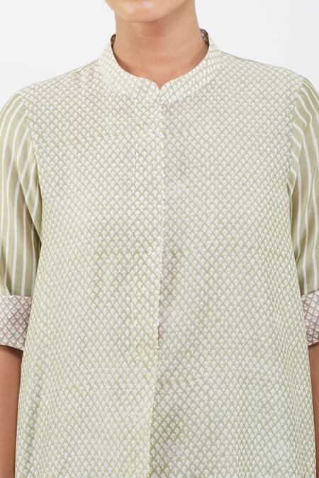 Diva By Sangeeta Ranka_Green Chanderi, Linen Floral Butti Printed High-low Kurta With Trouser _at_Aza_Fashions