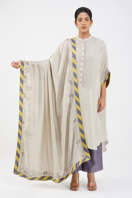 Diva by Sangeeta Ranka Grey Silk Pintucks Mandarin Collar Bodice Asymmetric Kurta Trouser Set 