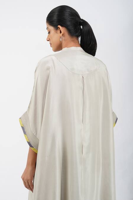 Diva By Sangeeta Ranka Grey Silk, Linen Embroidery Mandarin Pintuck Bodice Asymmetric Kurta Trouser Set Online at Aza Fashions Diva By Sangeeta Ranka_Grey Silk, Linen Embroidery Mandarin Pintuck Bodice Asymmetric Kurta Trouser Set _Online_at_Aza_Fashions