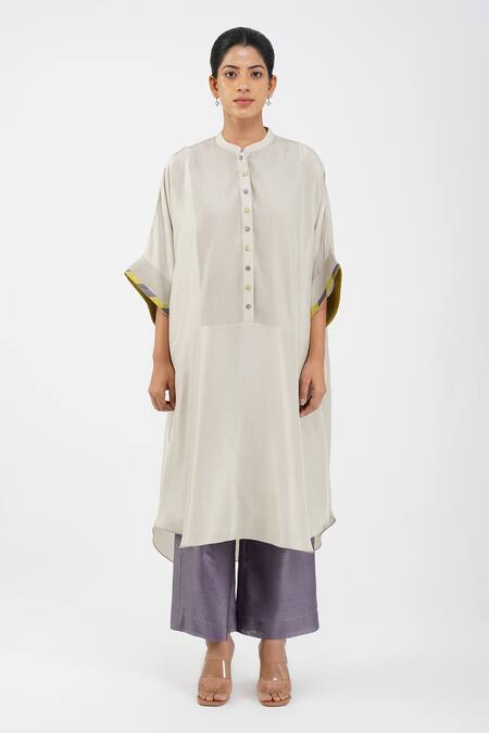 Shop Diva By Sangeeta Ranka Grey Silk, Linen Embroidery Mandarin Pintuck Bodice Asymmetric Kurta Trouser Set Online at Aza Fashions Shop_Diva By Sangeeta Ranka_Grey Silk, Linen Embroidery Mandarin Pintuck Bodice Asymmetric Kurta Trouser Set _Online_at_Aza_Fashions