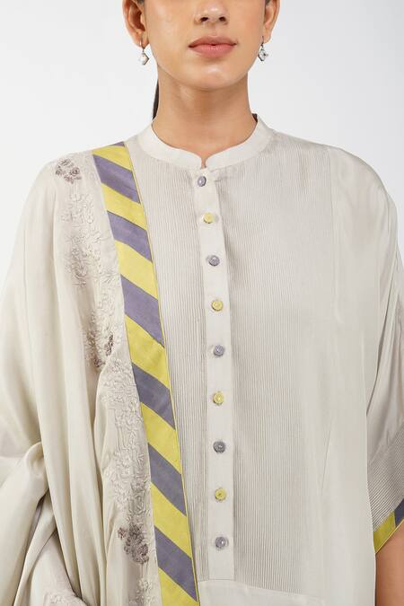 Buy Diva By Sangeeta Ranka Grey Silk, Linen Embroidery Mandarin Pintuck Bodice Asymmetric Kurta Trouser Set Buy_Diva By Sangeeta Ranka_Grey Silk, Linen Embroidery Mandarin Pintuck Bodice Asymmetric Kurta Trouser Set