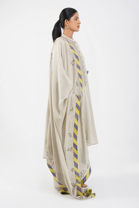 Shop Diva By Sangeeta Ranka Grey Silk, Linen Embroidery Mandarin Pintuck Bodice Asymmetric Kurta Trouser Set Shop_Diva By Sangeeta Ranka_Grey Silk, Linen Embroidery Mandarin Pintuck Bodice Asymmetric Kurta Trouser Set