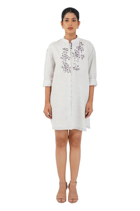 Buy_Diva By Sangeeta Ranka_Grey Linen Embroidery Mandarin Collar Floral Shirt Dress _Online_at_Aza_Fashions