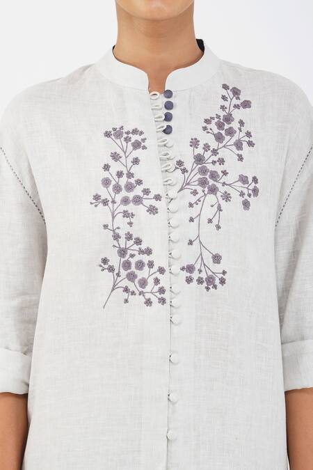 Diva By Sangeeta Ranka_Grey Linen Embroidery Mandarin Collar Floral Shirt Dress _at_Aza_Fashions