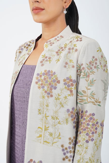 Diva By Sangeeta Ranka_Multi Color Chanderi, Silk Embroidery Mandarin Collar Botanic Jacket _Online_at_Aza_Fashions