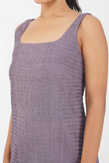 Diva By Sangeeta Ranka_Purple Chanderi Smocking Square Neck Smocked Textured Dress _Online_at_Aza_Fashions