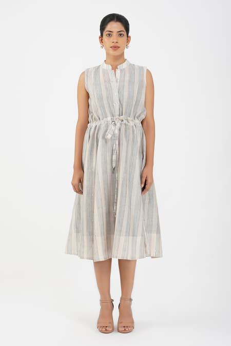 Buy_Diva By Sangeeta Ranka_Grey Chanderi, Silk Embroidery Mandarin Floral Printed Jacket With Striped Dress _Online_at_Aza_Fashions