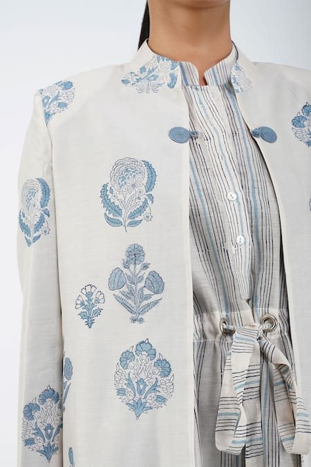 Buy_Diva By Sangeeta Ranka_Grey Chanderi, Silk Embroidery Mandarin Floral Printed Jacket With Striped Dress 