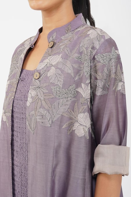 Buy_Diva By Sangeeta Ranka_Purple Chanderi, Silk Embroidery Mandarin Collar Floral Jacket _Online_at_Aza_Fashions
