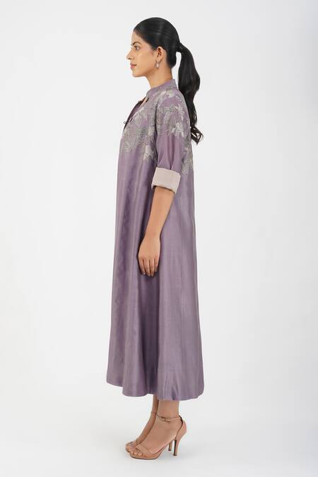Shop_Diva By Sangeeta Ranka_Purple Chanderi, Silk Embroidery Mandarin Collar Floral Jacket _Online_at_Aza_Fashions