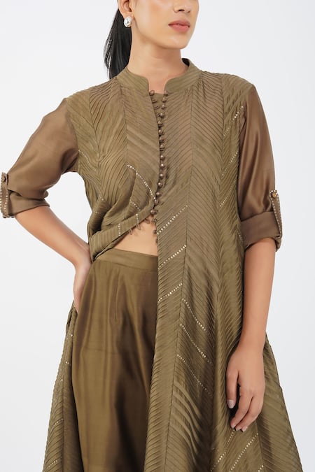 Buy_Diva By Sangeeta Ranka_Green Chanderi Sequins Mandarin Collar Pintuck Panelled Anarkali With Trouser _Online_at_Aza_Fashions