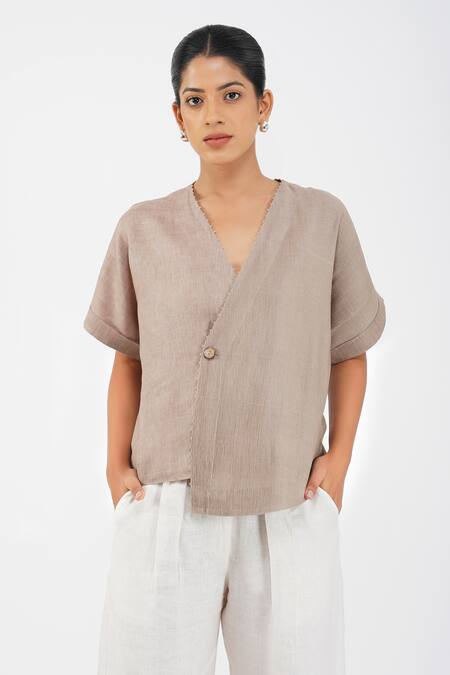 Diva by Sangeeta Ranka Brown Irish Linen Plain V Neck Pintuck Asymmetric Shirt 