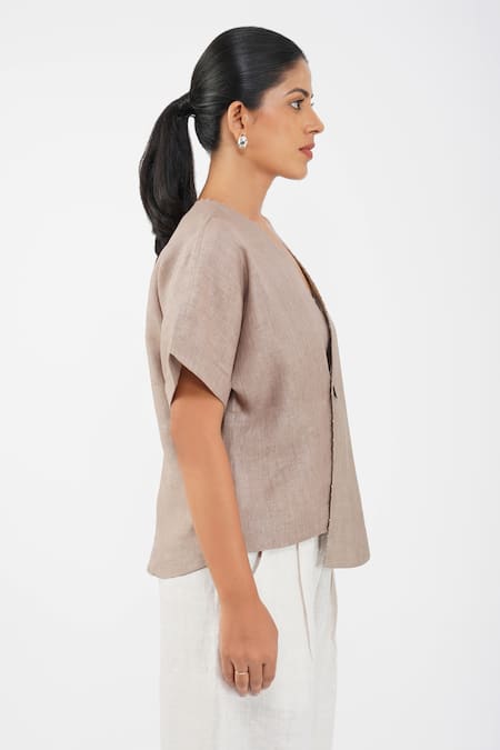 Buy Diva By Sangeeta Ranka Brown Chanderi, Linen V-neck Pintuck Asymmetric Shirt Online at Aza Fashions Buy_Diva By Sangeeta Ranka_Brown Chanderi, Linen V-neck Pintuck Asymmetric Shirt _Online_at_Aza_Fashions
