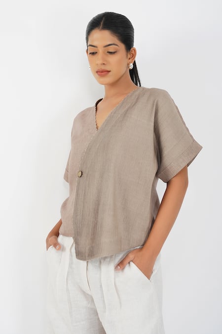 Shop Diva By Sangeeta Ranka Brown Chanderi, Linen V-neck Pintuck Asymmetric Shirt Online at Aza Fashions Shop_Diva By Sangeeta Ranka_Brown Chanderi, Linen V-neck Pintuck Asymmetric Shirt _Online_at_Aza_Fashions