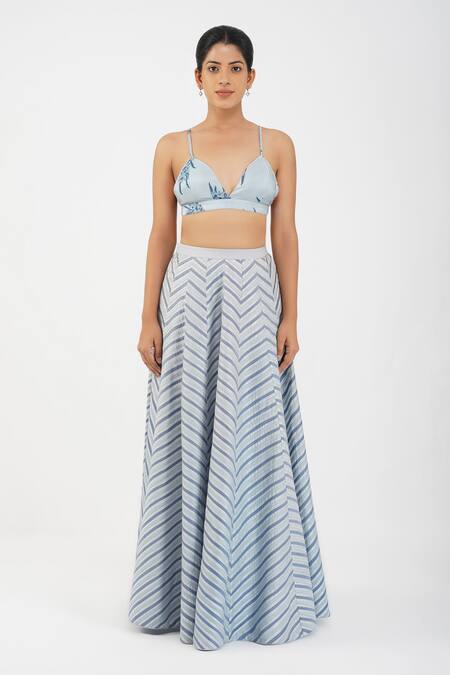 Diva By Sangeeta Ranka_Blue Silk, Chanderi, Linen Embroidery Collared, Floral Print Shirt Skirt Set _Online_at_Aza_Fashions