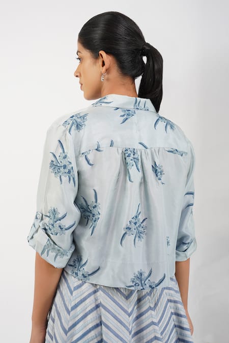 Diva By Sangeeta Ranka_Blue Silk, Chanderi, Linen Embroidery Collared, Floral Print Shirt Skirt Set _at_Aza_Fashions