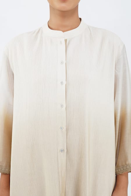 Shop_Diva By Sangeeta Ranka_Beige Chanderi, Linen Mandarin Collar Ombre Pintuck Kurta And Trouser Set _Online_at_Aza_Fashions