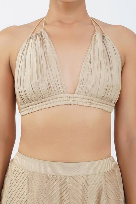 Diva By Sangeeta Ranka_Beige Silk, Chanderi, Linen Sequins, Embroidery Halter Neck Pintuck Skirt Set _Online_at_Aza_Fashions