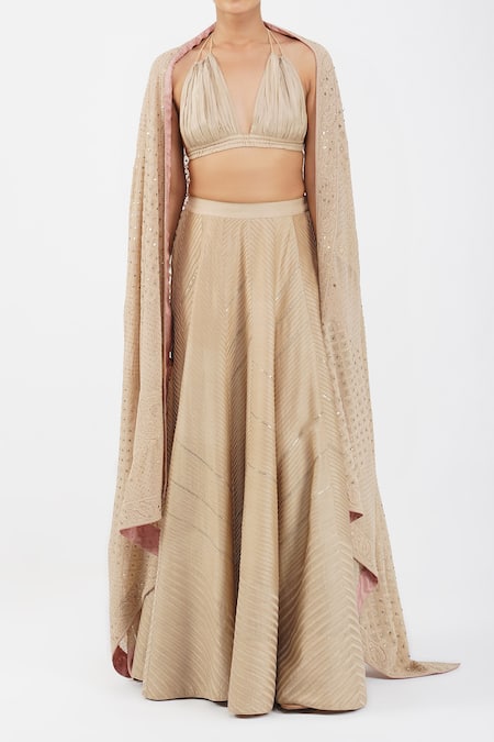 Buy_Diva By Sangeeta Ranka_Beige Silk, Chanderi, Linen Sequins, Embroidery Halter Neck Pintuck Skirt Set _Online_at_Aza_Fashions