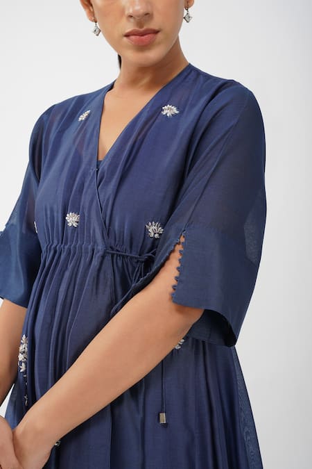 Shop_Diva By Sangeeta Ranka_Blue Organza, Chanderi, Linen Embroidery, Zari V-neck Floral Angarkha Set _Online_at_Aza_Fashions