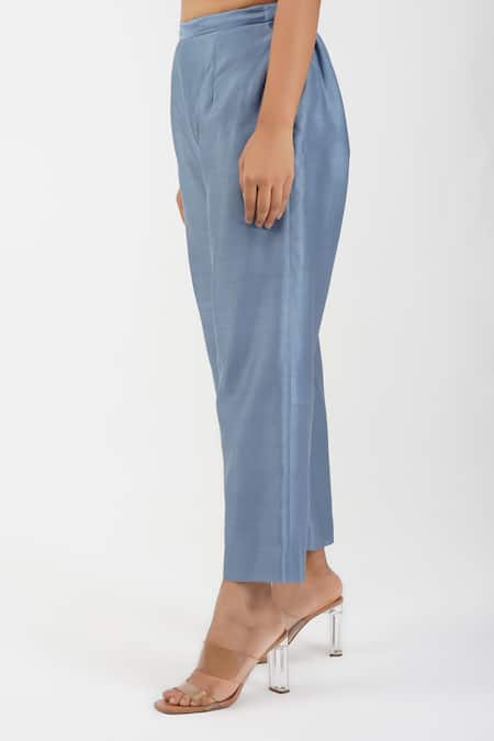 Diva By Sangeeta Ranka_Blue Organza, Chanderi, Linen Embroidery V-neck Floral Angarkha Pant Set _Online_at_Aza_Fashions