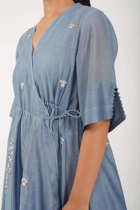 Shop_Diva By Sangeeta Ranka_Blue Organza, Chanderi, Linen Embroidery V-neck Floral Angarkha Pant Set _Online_at_Aza_Fashions