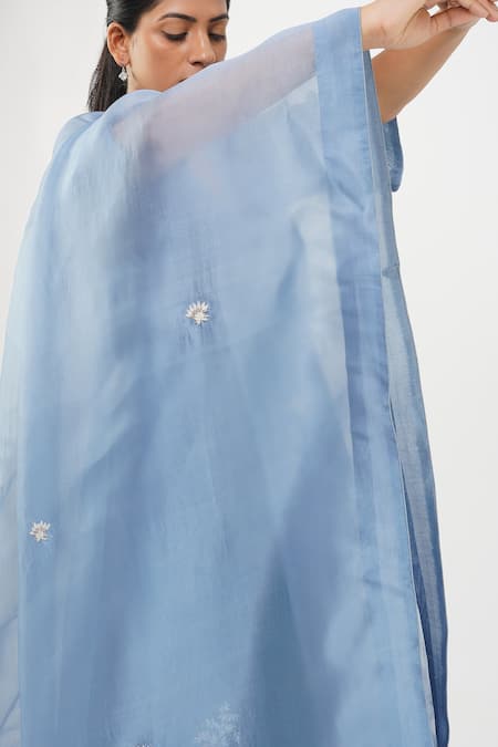 Diva By Sangeeta Ranka_Blue Organza, Chanderi, Linen Embroidery V-neck Floral Angarkha Pant Set _at_Aza_Fashions